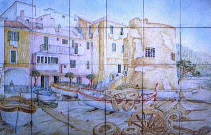 Ceramiche d-Arte di Albisola - Paesaggio con borgo dei pescatori. Maiolica